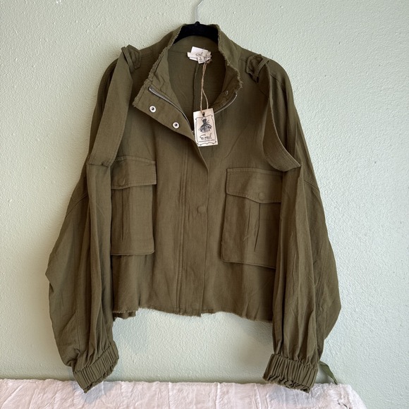 easel Jackets & Blazers - Easel Olive Green Cotton Zip Up, Snap Flap Moto Jacket Military,Fairy Grunge S